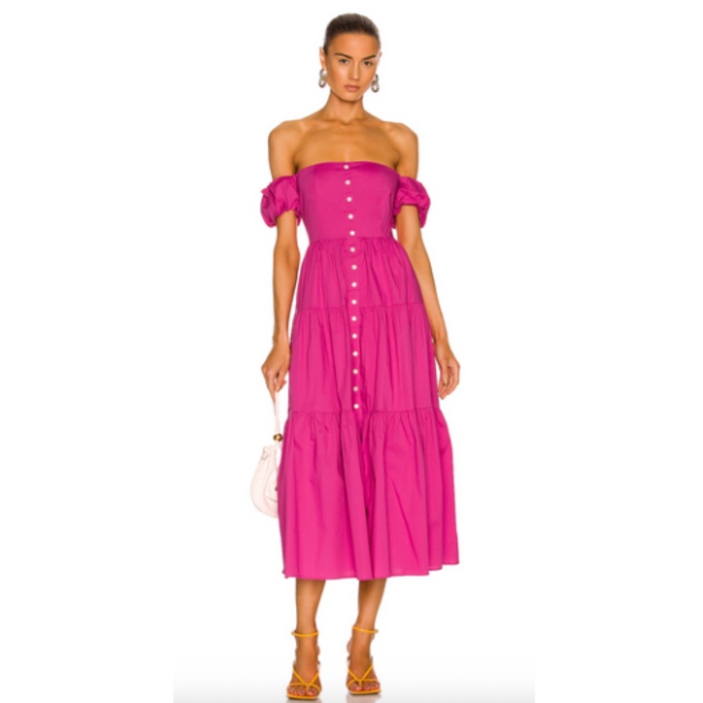 STAUD Off-The-Shoulder Midi Dress in Pink/Peony (Elio Dress)